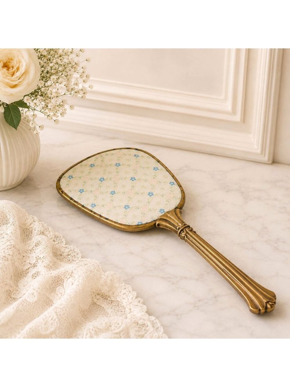 Vanity Hand Mirror Boudoir Decor Blue Floral VTG Brass Tone Hollywood Regency